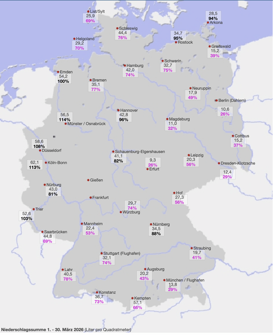 Niederschlag m März 2026 und Abweichungen zum Klimamittel 1991-2020; Quelle: WetterKontor