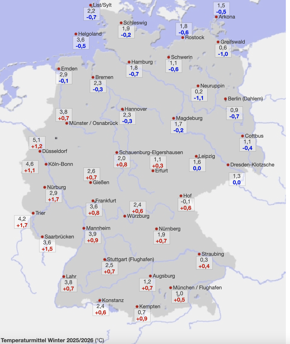 Temperaturabweichungen Winter 2025/2026 zur Referenzperiode 1991-2020; Quelle: WetterKontor