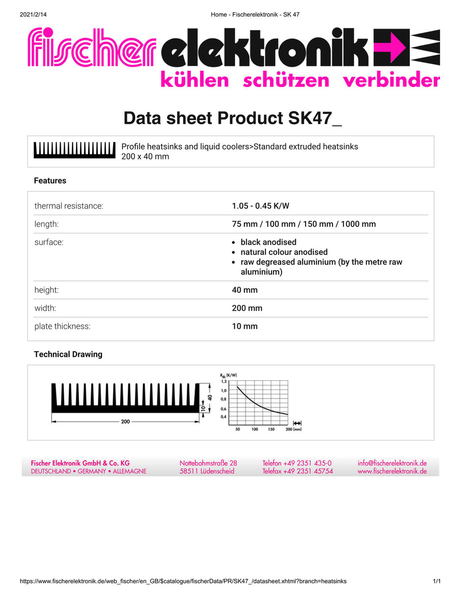 SK47  200 x 40 mm  Fischer Elektronik 押出成形ヒートシンク