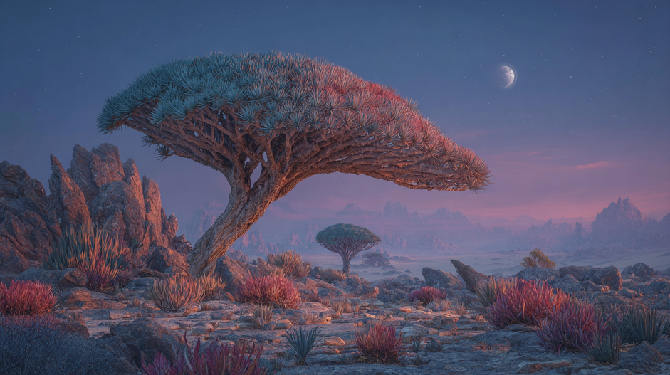 Weite Aufnahme einer Landschaft mit einem Drachenblut Baum im Vordergrund, wüstenähnlichen Pflanzen und Felsen und einem rosa Himmel in der Abenddämmerung.