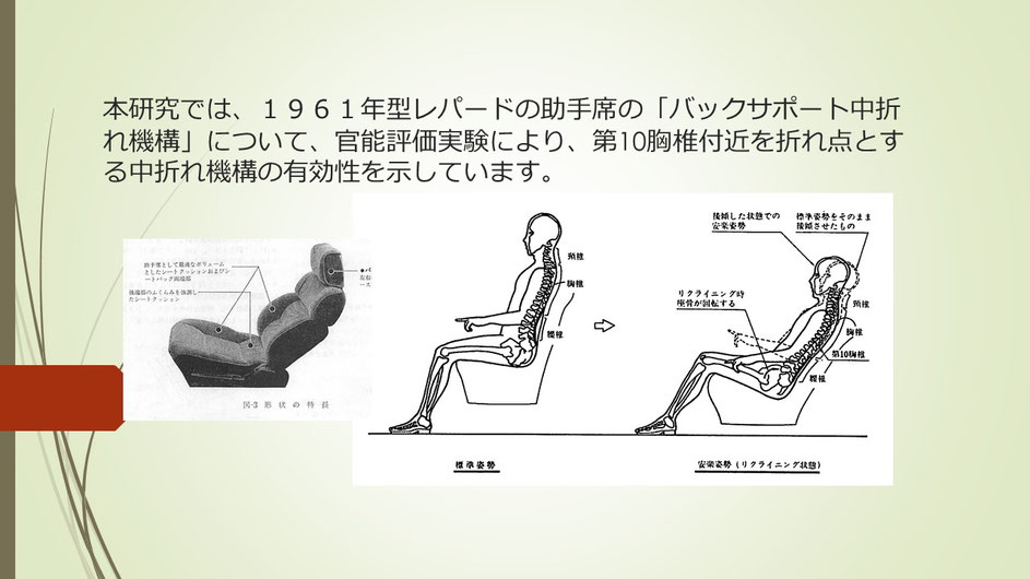 本研究では、1961年型レパードの助手席の「バックサポート中折れ機構」について、官能評価実験により、第10胸椎付近を折れ点とする中折れ機構の有効性を示しています。