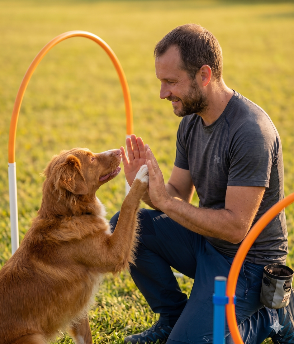 Binomio cane e proprietario in campo che si guardano con complicità, uniti dal metodo cognitivo-relazionale durante una sessione di educazione cinofila.