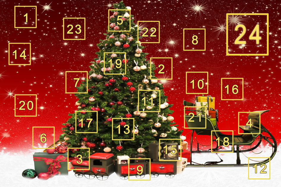 ein Adventskalender mit Tannenbaum und gold umrandeten Türchen zum Öffnen - wie aus Schokolade