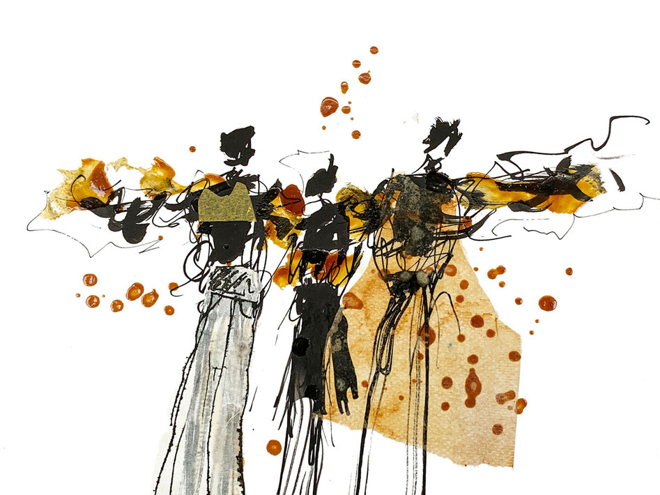 Nahaufnahme einer schwarzen Tuschezeichnung mit glänzendem Schellack und braunen Papier-Collageelementen auf Künstlerpapier.