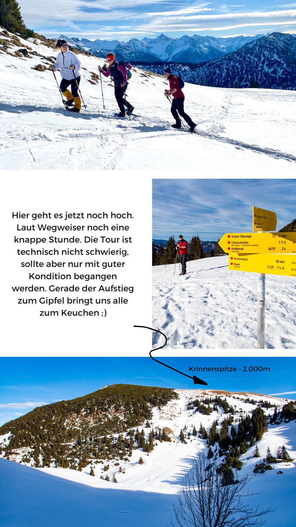 Schneeschuhwanderung im Allgäu - Tourentipp auf die Krinnenspitze. Eine technisch mittelschwere Bergtour, die Kondition erfordert.