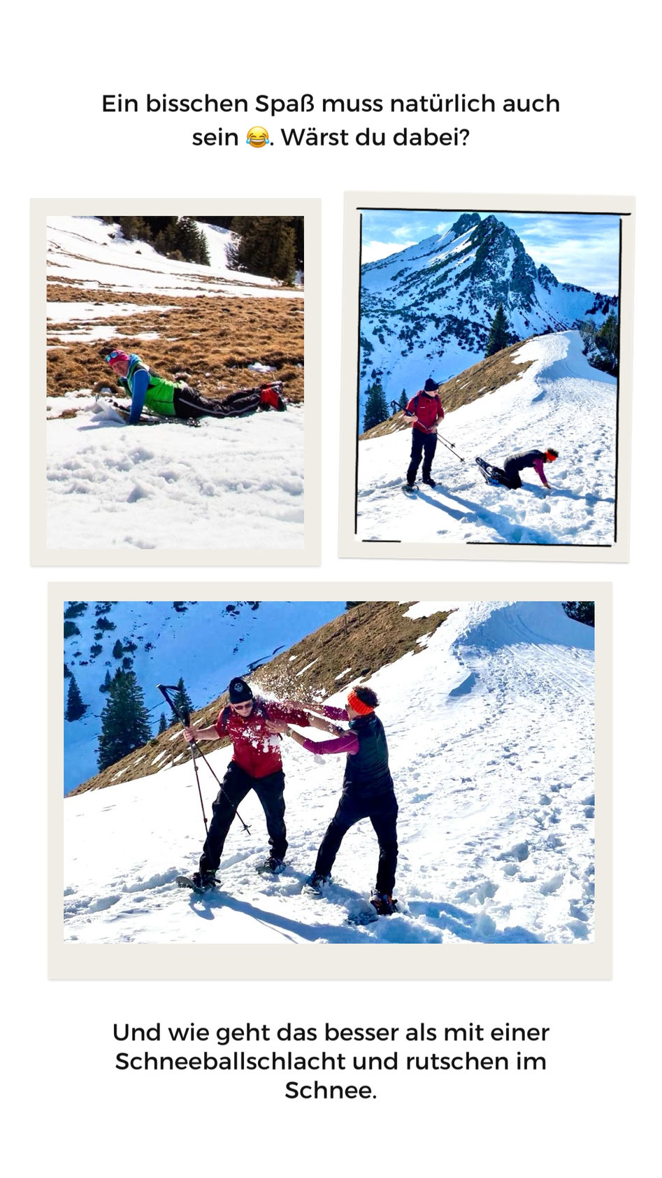 Schneeschuhwanderung auf die Krinnenspitze in den Allgäuer Alpen mit Personen die eine Schneeballschlacht machen