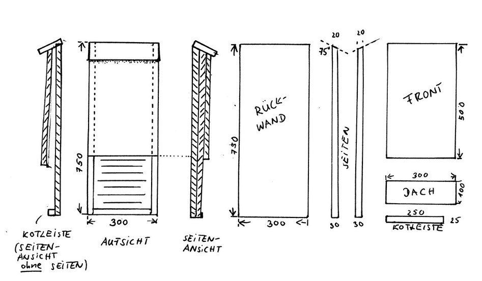 Fledermausflachkasten aus Holz zum Selberbauen (Skizze: Waas, LBV)