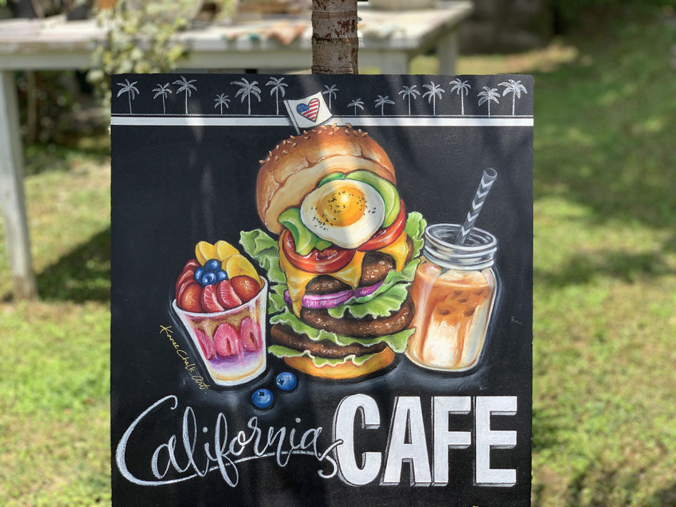 ハンバーガーチョークアート看板｜手描きカフェ看板の実例｜KANAE CHALK ART.