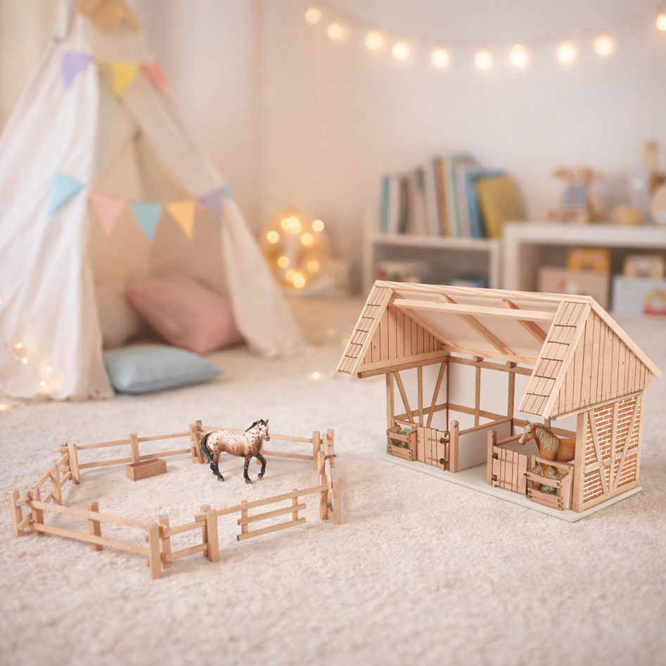 Spielszene Holzpferdestall mit Pferdekoppel im Kinderzimmer
