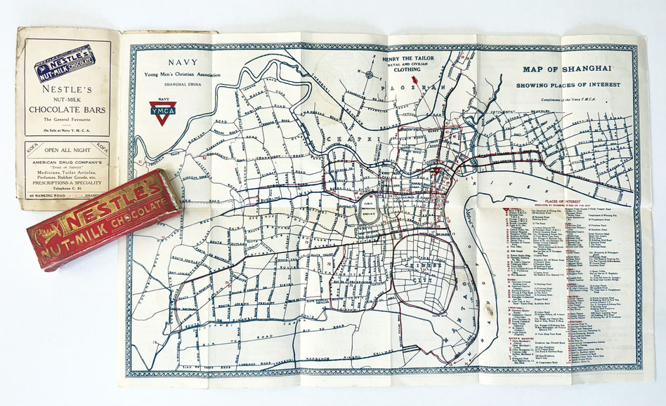 1926 Navy YMCA Map of Shanghai with Nestle Nut-Milk advertisement and matching original chocolate bar. From the MOFBA collection. 
