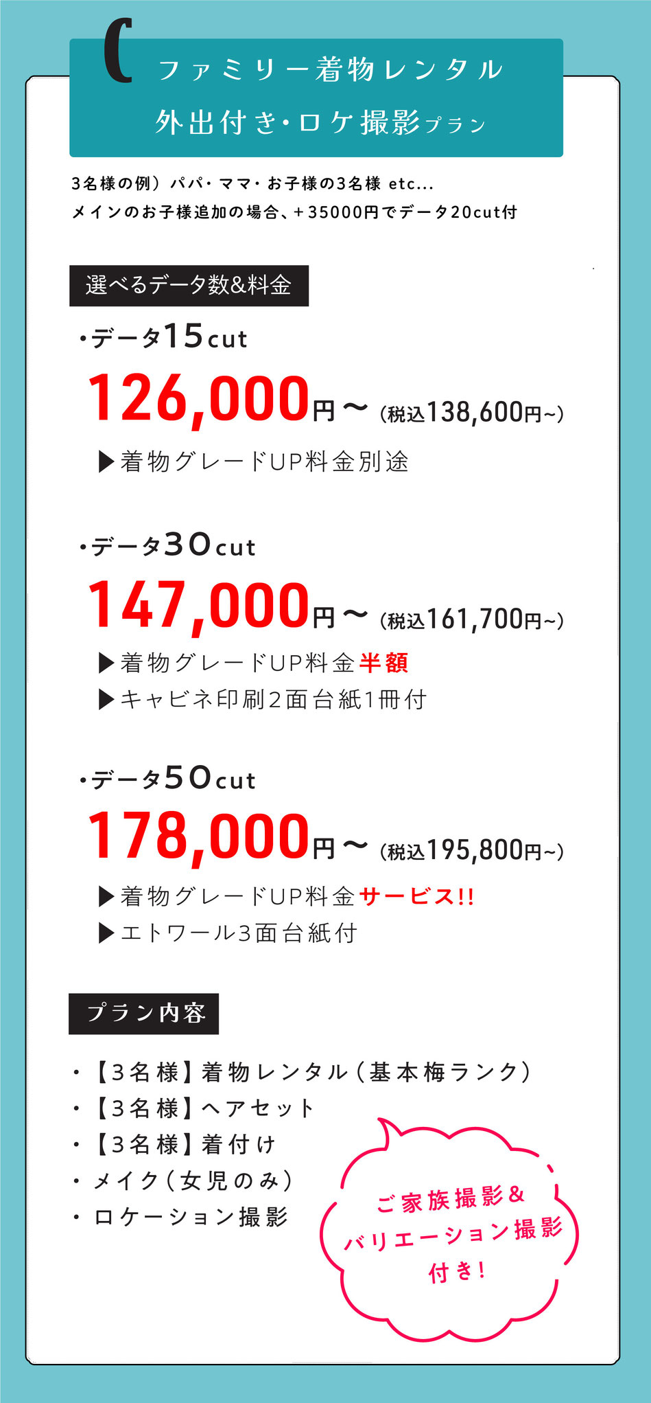 Cプラン  ファミリー外出レンタル付き七五三【パパ・ママ・お子様のご家族3名様で。メインのお子様追加の場合＋35000円データ20付】  3名様着物レンタル着付けヘア＆ロケ撮影【ご家族撮影＆バリエーション撮影付き】  選べるデータ数＆料金  ・データ15cut【着物グレードUP料金掛かります。】  126,000円～  ・データ30cut【着物グレードUP半額・キャビネ2面台紙1冊付】  147000円～  ・データ50cut【着物グレードUPサービス・エトワール3面台紙付】  178,000円    o