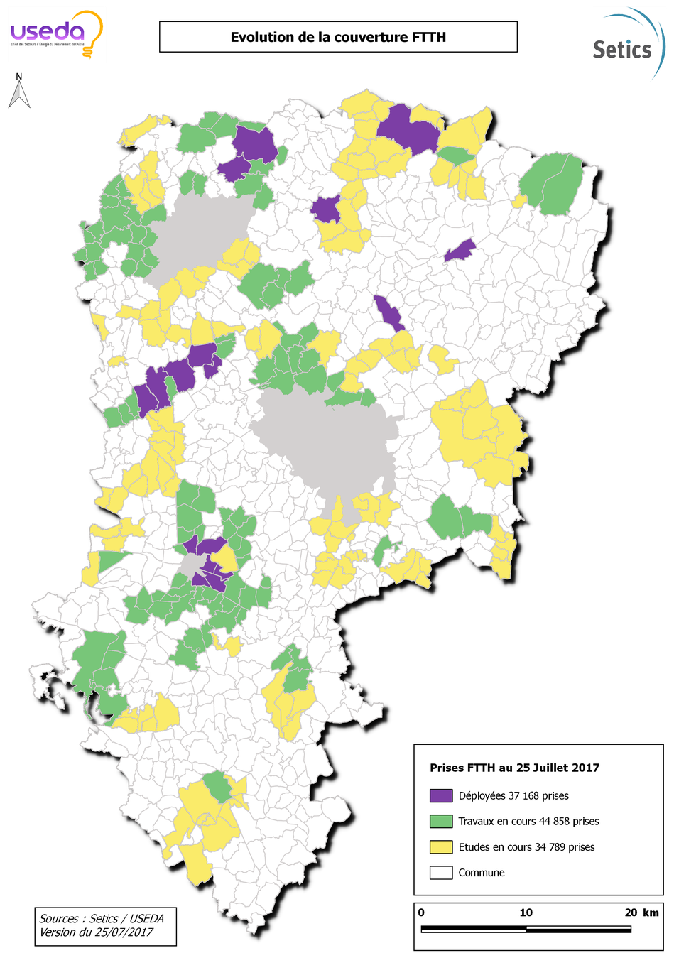 Département de l'Aisne. Suivi couverture FTTH (Fiber To The Home : fibre optique jusqu'au domicile).