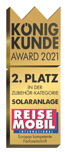 SOLARA erhält den 2. Platz beim "König Kunde Award 2021". Das Ergebnis einer großen Umfrage und Beleg dafür, dass SOLARA Produkte für Reisemobil, Wohnmobil, Camper, Vans, Wohnwagen usw. empfehlenswert sind, gut funktionieren und die Leser zufrieden sind. 