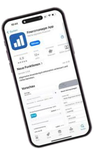Grafik: Ein Handy ist geöffnet. Man sieht das Logo der Finanzmanager App. Text im Bild: Finanzmanager App.