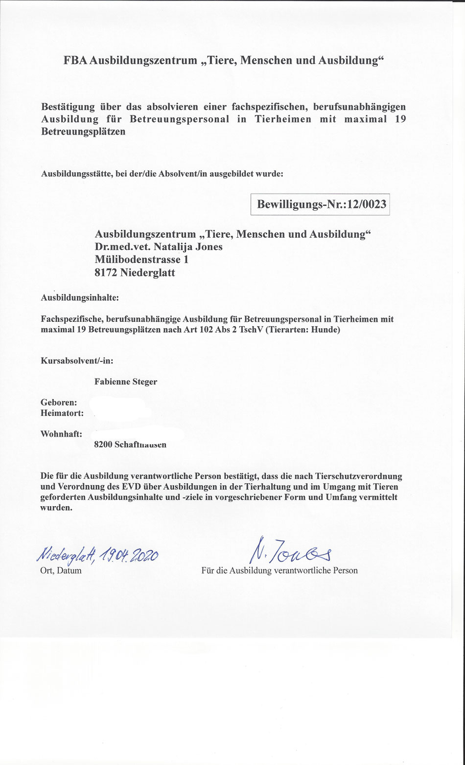 Bewilligung zum Fachausweis Tierbetreuung (FBA) von Fabienne Steger