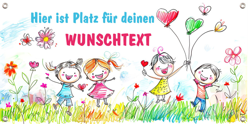 Banner für Kindergartenfeste - fröhliche Kinder auf einer Blumenwiese mit bunten Luftballons - im Stil einer Kinderzeichnung