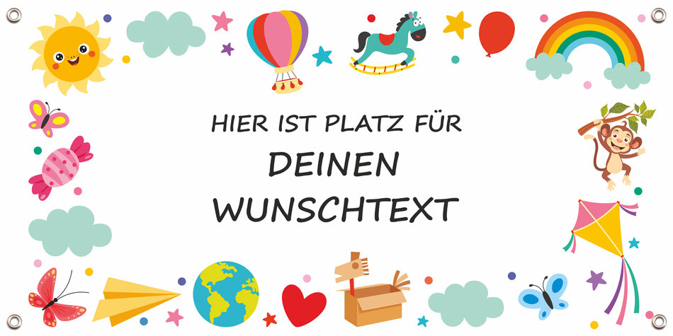 Banner für Kindergartenfeste - verschiedene bunte Motive - Kinderzeichnungen - Regenbogen, Haus, Kinder, Rakete, Sterne, Auto, Baum, Blumen u.v.m. mit Wunschtext personalisierbar