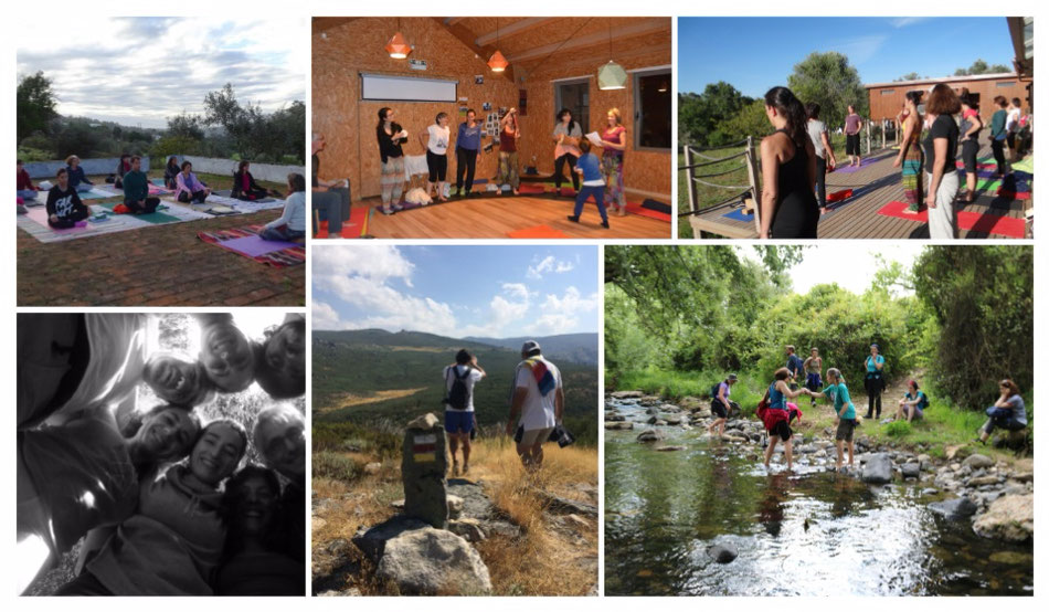 yoga ao ar livre, caminhada em grupo, serra, rio, retiro espiritual, natureza, cantar, círculo