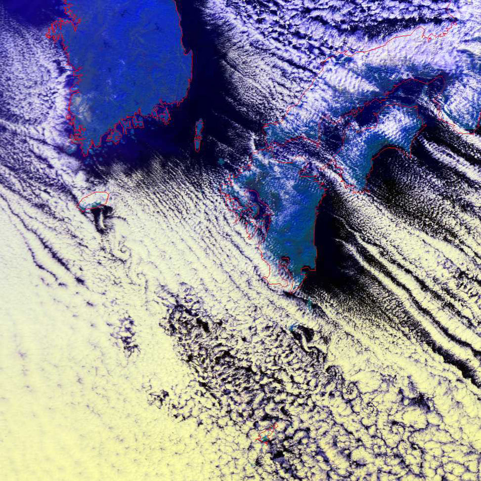 2022/1/12 10:23JST NOAA18 HRPT Von Karman vortices streaming 済州島や種子島の風下にカルマン渦列