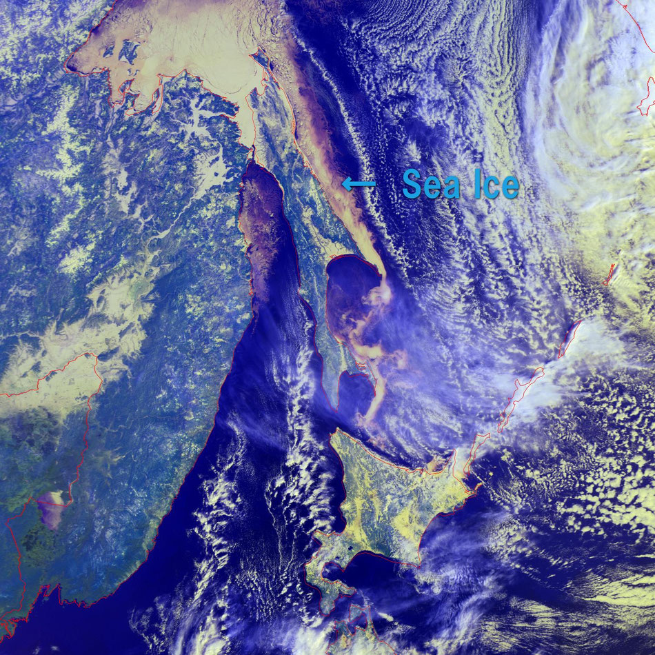  2025/3/18 09:13JST Metop-B HRPT  アムール川から流れ出た淡水が浅い海の塩分濃度を下げ、凍りやすくなる。　これがサハリンの東岸に沿って南下し、北海道のオホーツク沿岸に到達する。