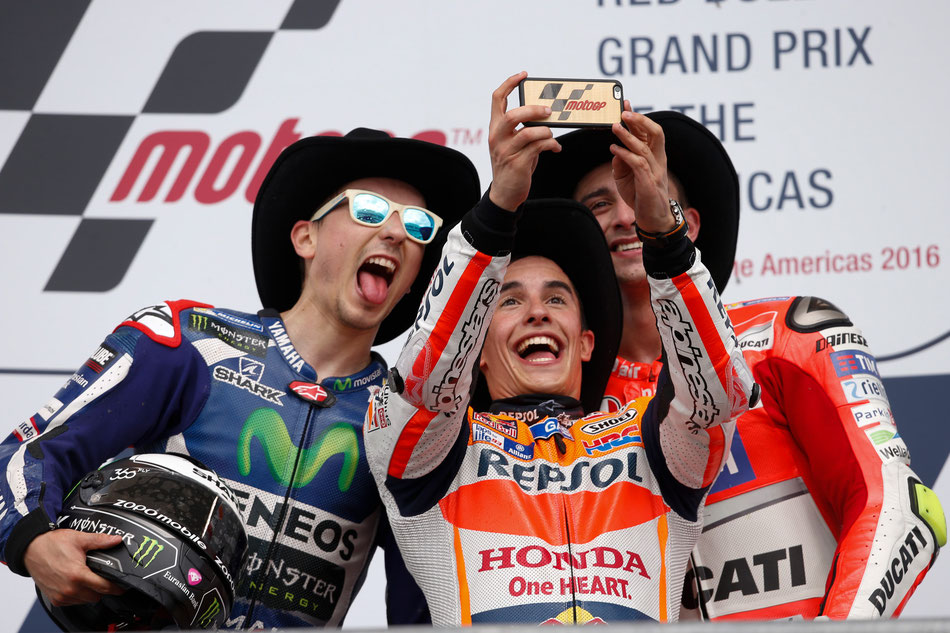 MotoGP 2016 in Austin. Die Sieger Marc Marquez, Jorge Lorenzo und Andrea Iannone
