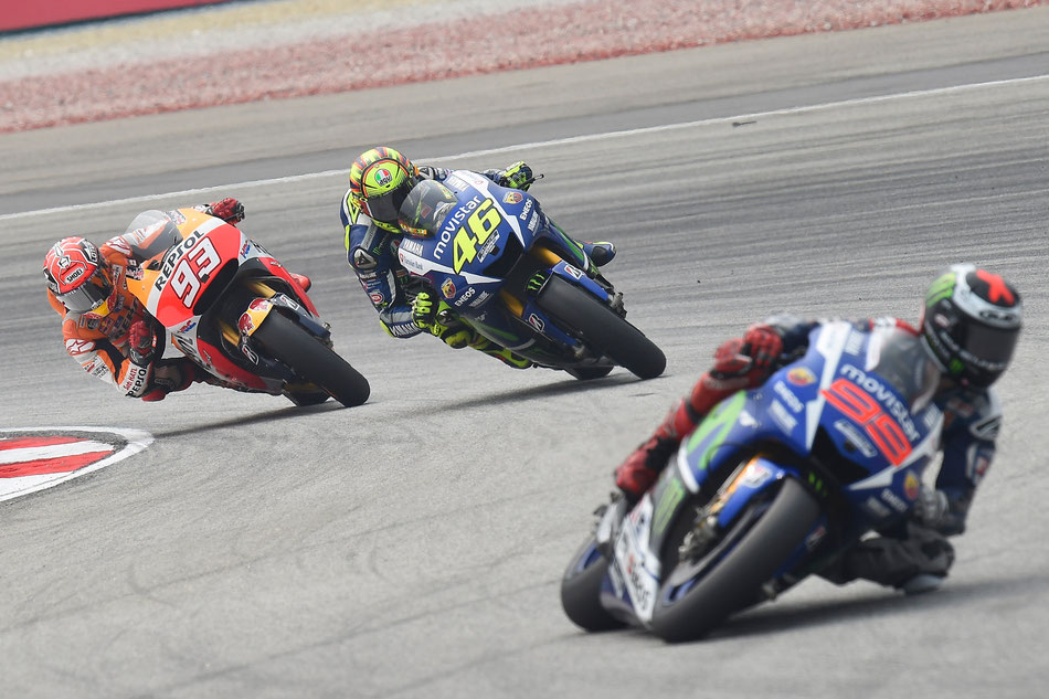 Valentino Rossi, Marc Marquez und Jorge Lorenzo in der MotoGP in Sepang 2015