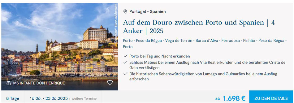  Zweibettkabine Hauptdeck MS Infante Don Henrique / 4-Anker-Schiff ab 1.698 €