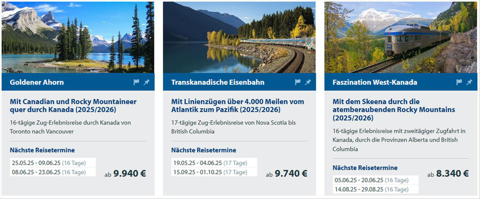 Bahn-Erlebnisreisen in Kanada, mit Canadian und Rocky Mountaineer, Nova Scotia bis British Columbia...