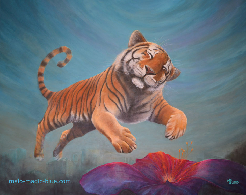 Eines der beeindruckendsten Bilder des Grazer Künstlers MaLo Magic Blue ist DREAMING TIGER, ein gemaltes Großwerk mit einer unglaublichen Liebe zum Detail und der eindrücklichen Botschaft, dem vom Aussterben bedrohten Tiger sein Habitat zurückzugeben.