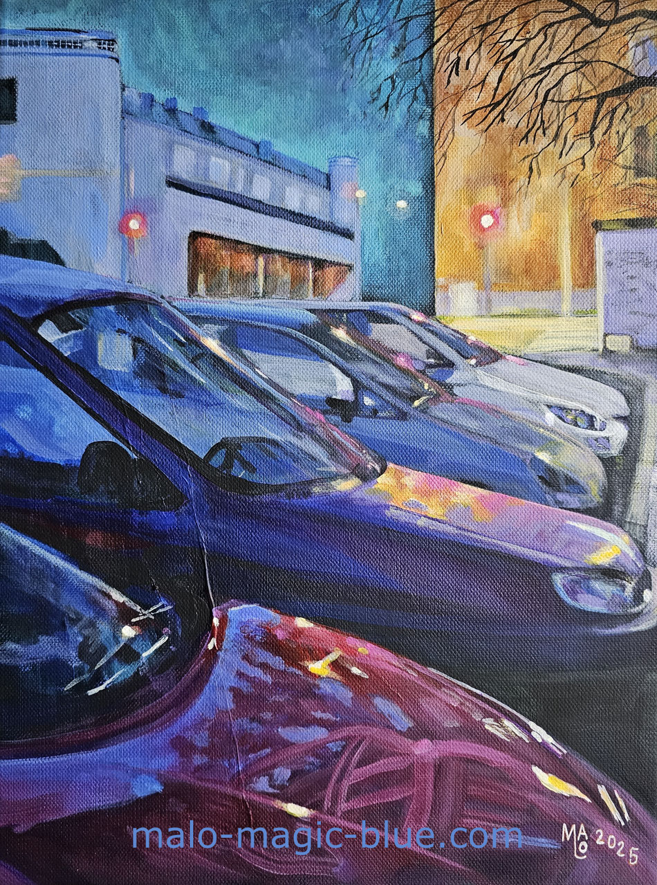 Wer den Grazer Künstler MaLo Magic Blue nur mit fantastischenLandschaften in Blautönen in Verbindung bringt, wird von seinen "schlafenden Autos" überrascht seit. Doch die Farbpalette verrät ihn!