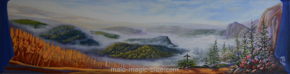 Nur auf den ersten Blick realistisch - mit seinem Werk "Stage Of Freedom" schafft der Grazer Künstler MaLo Magic Blue die Illusion eines Bühnenbildes hinter dem blauen Vorhang. MaLo malt seine Motive frei aus dem Kopf, ohne Vorlagen oder gar KI .