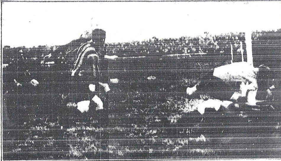 Harter Kampf vor dem DSC-Tor: Der Dresdner Tormann Richter wird vom gegnerischen Mittelstürmer ins Tor gezogen. (Dresdner Nachrichten, 20. April 1927)