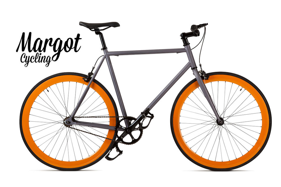In foto, la fixed bike MARGOT LAMPO. Molto piacevole l'abbinamento grigio canna di fucile del telaio con i cerchi arancio da 43 mm.