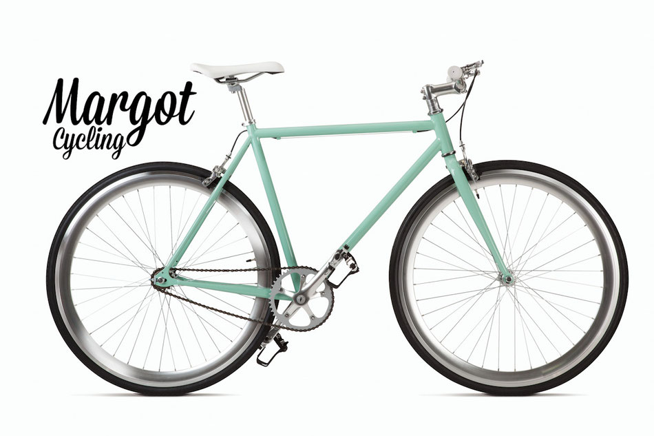 Fxed bike MARGOT TIFFANY. Telaio verde vintage e finiture alluminio. Spicca il luminoso grigio anodizzato dei cerchi. Luminosità ed eleganza!