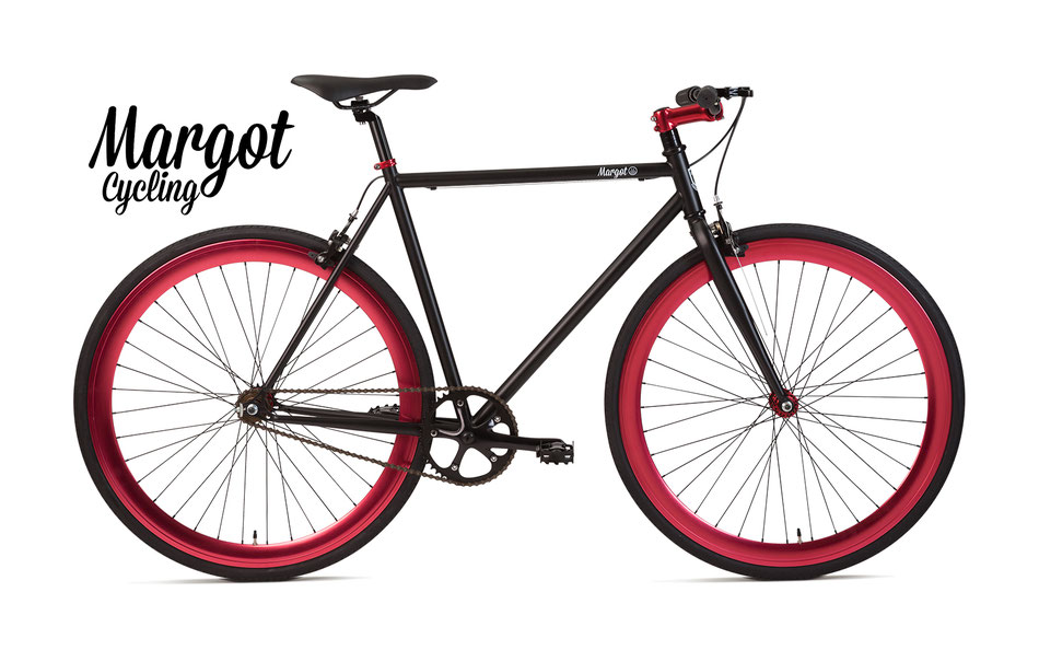 Fixed bike MARGOT TORO LOCO. Telaio nero opaco e parti nere. Spicca il fiammante ROSSO anodizzato di cerchi, collarino, pipa manubrio e mozzi. Elegante ed aggressiva.
