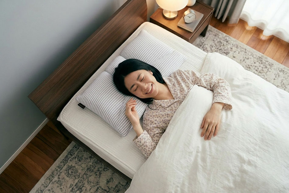 オーダーまくらで笑顔で眠る女性