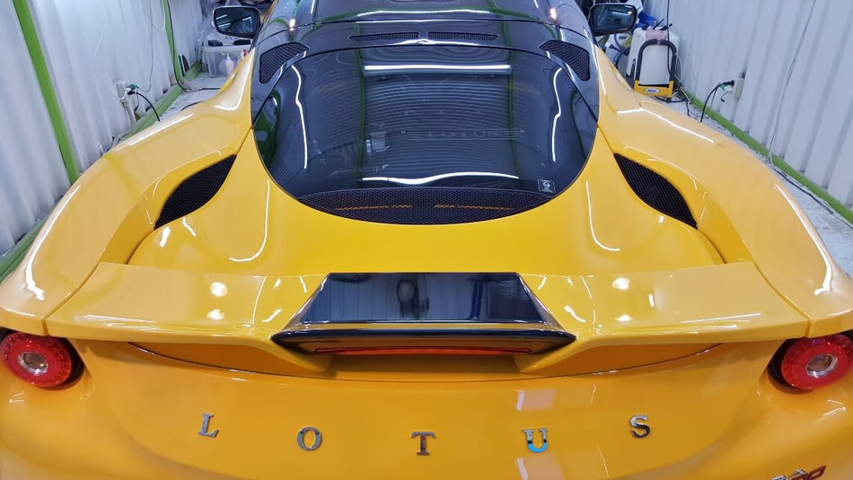 ロータス・エヴォーラ４００ ボディコーティング完成 埼玉三芳 ソーラーイエローのセラミックコーティング