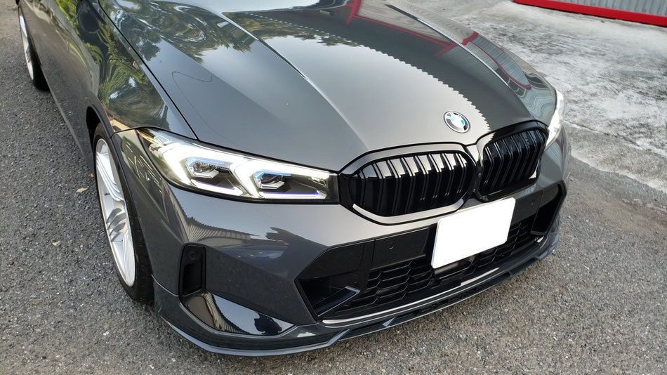 BMWアルピナd3sのフロント周りにガラスコーティング施工 日没の空が塗装に映り込み美しい