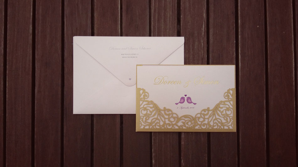 Hochzeitseinladung, Lasercut, rosa Schimmer, Vögel