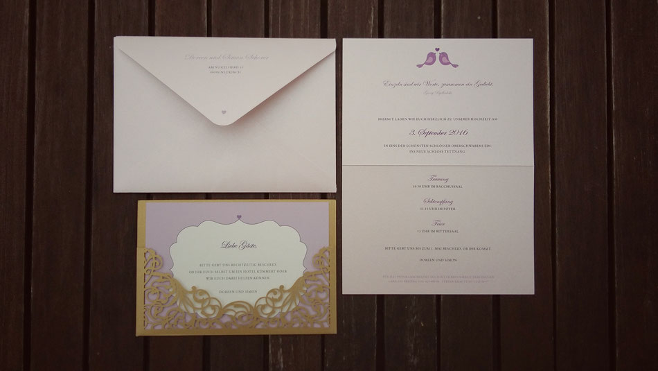 Hochzeitspapeterie, Schloss Tettnang, Einladung, Umschlag, zartrosa