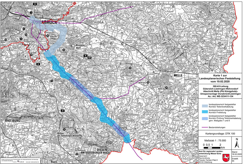 Karte des landesplanerisch festgestellten Korridors der geplanten 380-KV-Leitung zwischen Melle und Lüstringen mit Zuweisungen von Erdverkabelung und Freileitungen