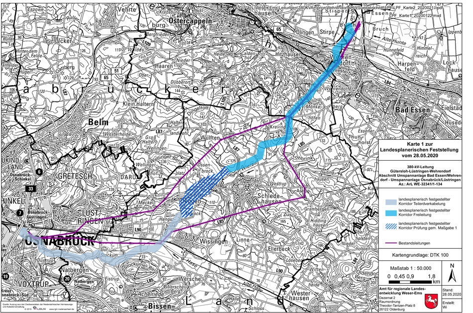 Karte des landesplanerisch festgestellten Korrridors der geplanten 380-KV-Leitung zwischen Lüstringen und Wehrendorf mit Zuweisung von Erdverkabelung und Freileitungen
