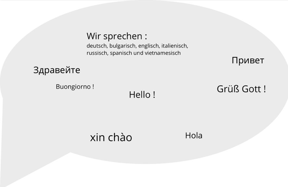 Bild mit einer Sprechblase mit den verschiedenen in der Apotheke gesprochenen Sprachen: Deutsch, Englisch, Bayrisch, Ukrainisch, Italienisch, Türkisch, Spanisch