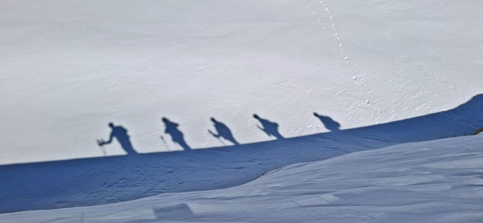 Silhouette von einer Skitourengruppe an einem schönen Wintertag
