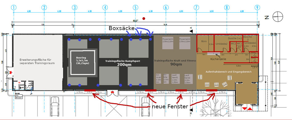 Grundriss neues Gym mit Aufteilung der Flächen