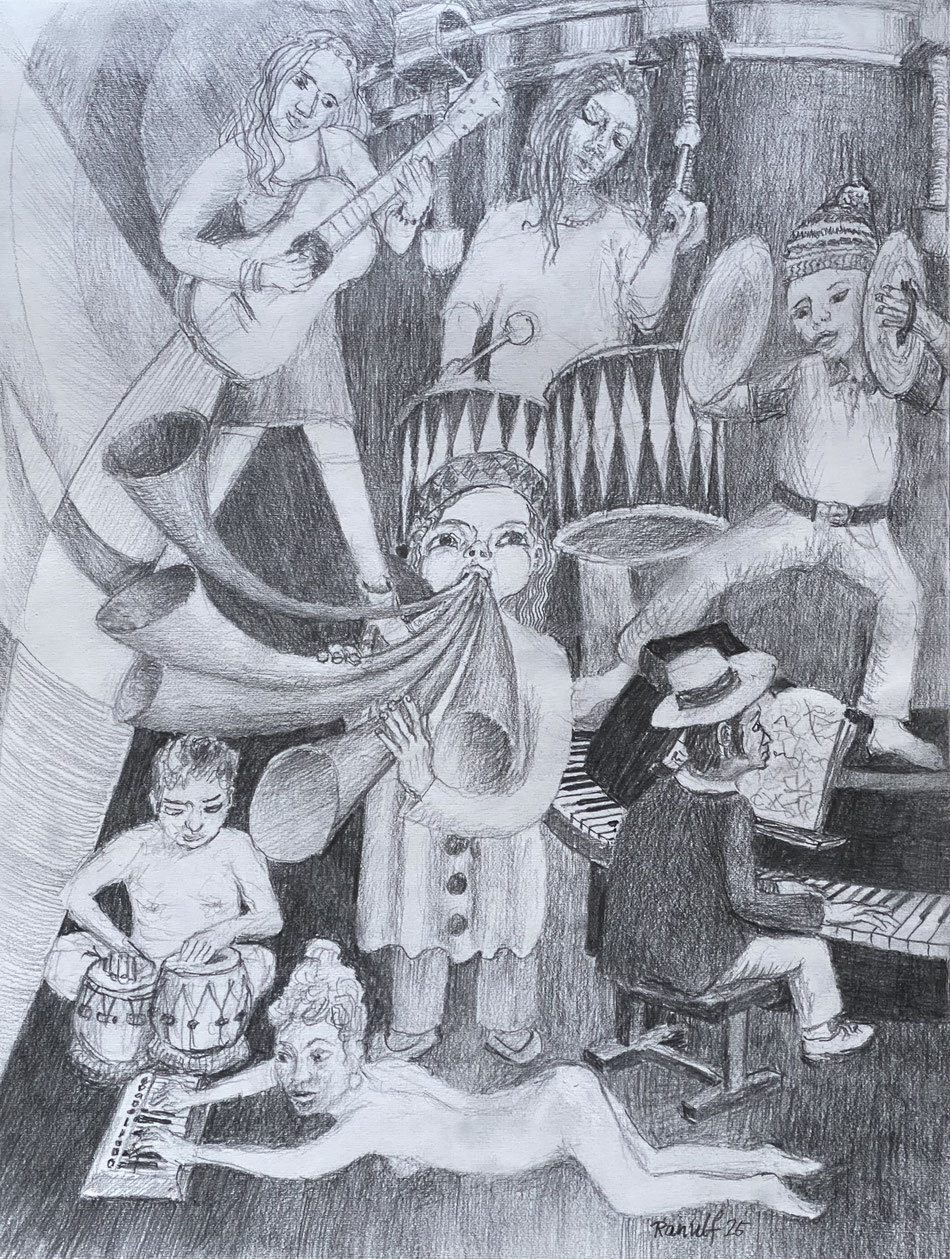 Crazy Band, 2025, Bleistift auf Papier, 46 x 38 cm, 380.- €
