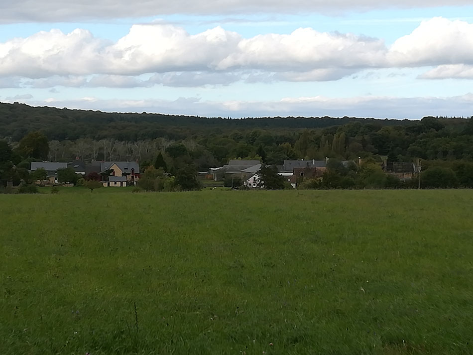 Le hameau d'Etival et la forêt de La Grande Charnie. Le gîte est la première maison à gauche de la photo.