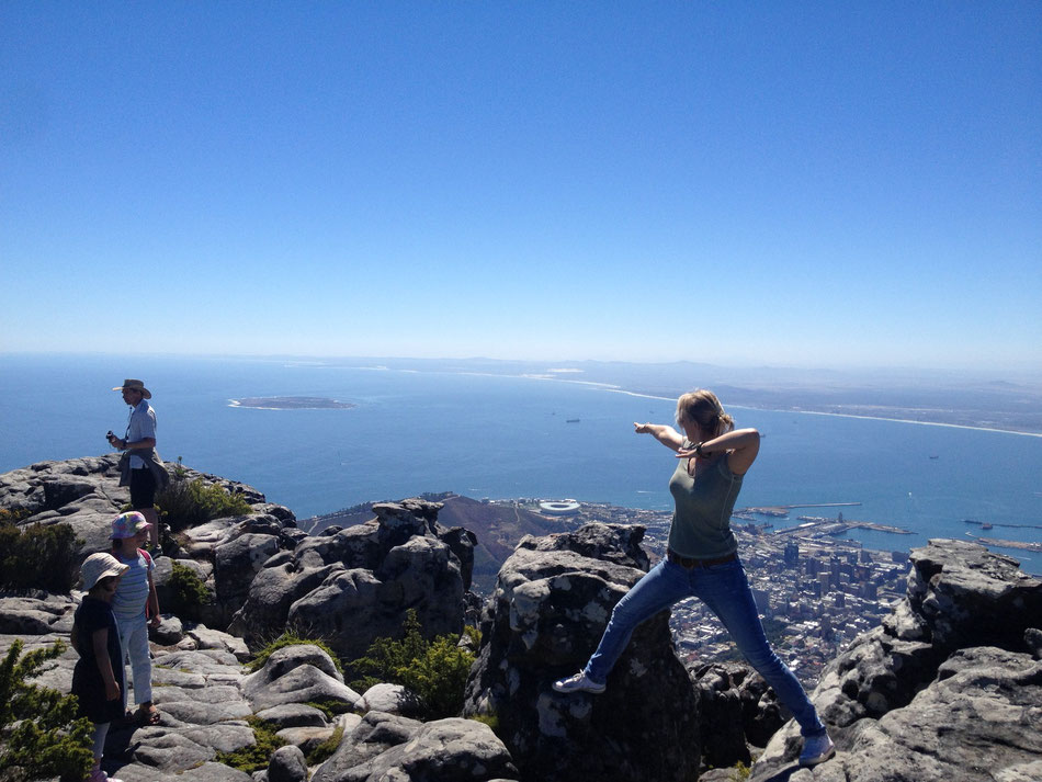 Pointing out to Robben Island where Nelson Mandela and other ANC fighters were caught...Mandela for 27 years...