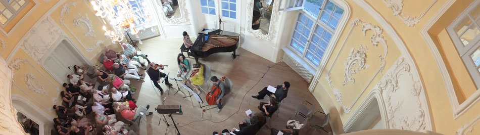 Der zweigeschossige Gartensaal im Prinzenhaus zu Plön bietet sich an für musikalische Blütenteppiche, die hier die Teilnehmenden der 11. Internationalen Musiktage Brache am 5.8.2013 ausbreiteten. 