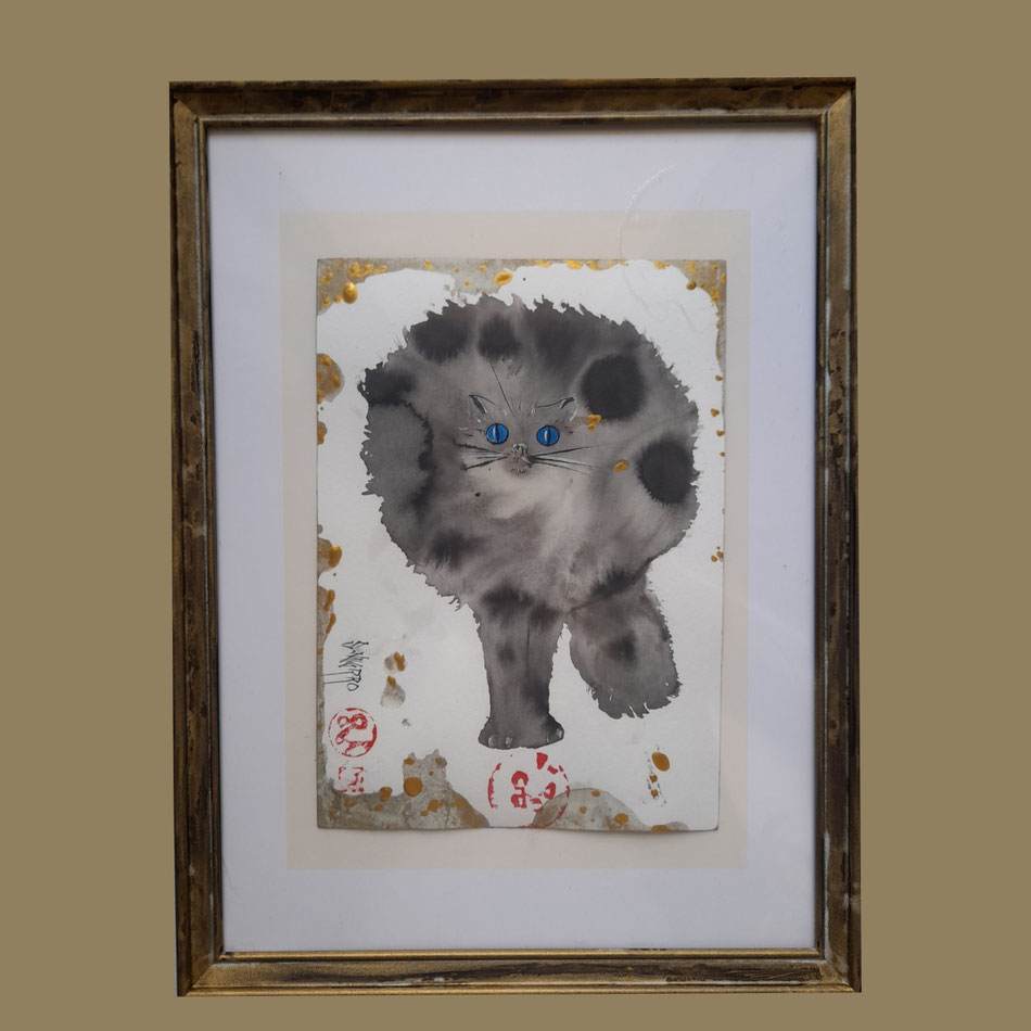 Chat 2   Encre/acrylique/peinture dorée            sur papier